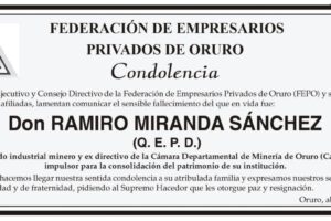 Condolencia por el fallecimiento de Don Ramiro Miranda Sánchez