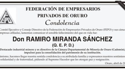 Condolencia por el fallecimiento de Don Ramiro Miranda Sánchez