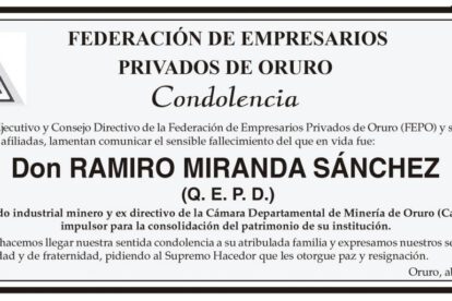 Condolencia por el fallecimiento de Don Ramiro Miranda Sánchez