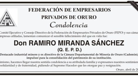 Condolencia por el fallecimiento de Don Ramiro Miranda Sánchez