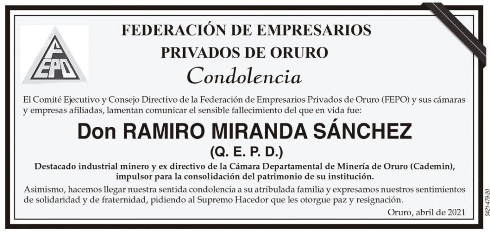 Condolencia por el fallecimiento de Don Ramiro Miranda Sánchez