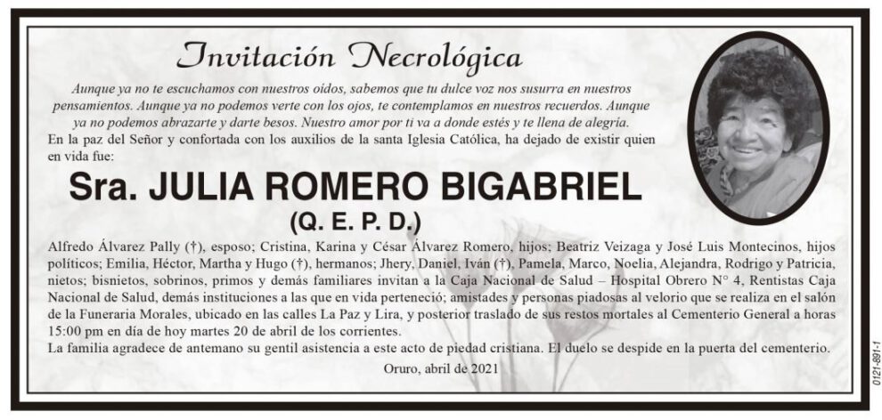 Invitación Necrológica de Julia Romero Bigabriel
