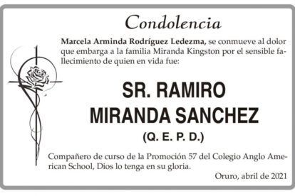Condolencia por el fallecimiento de Ramiro Miranda Sanchez