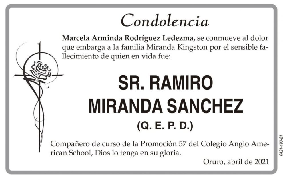 Condolencia por el fallecimiento de Ramiro Miranda Sanchez