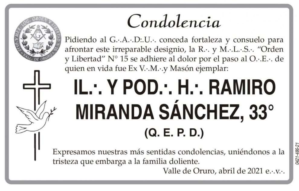 Condolencia por Ramiro Miranda Sánchez