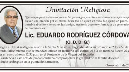 Lic. Eduardo Rodríguez Córdova, invitación a la Santa Misa en su memoria