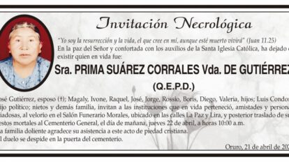 Necrológica Prima Suárez Corrales Vda. de Gutiérrez