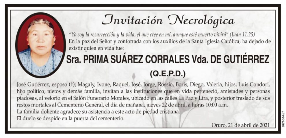 Necrológica Prima Suárez Corrales Vda. de Gutiérrez