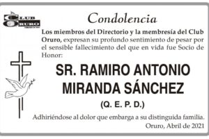 Condolencia por el fallecimiento de Ramiro Antonio Miranda Sánchez