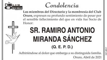 Condolencia por el fallecimiento de Ramiro Antonio Miranda Sánchez