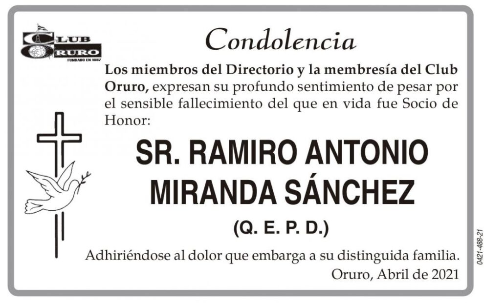 Condolencia por el fallecimiento de Ramiro Antonio Miranda Sánchez