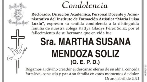 Condolencia por el fallecimiento de Martha Susana Mendoza Soliz