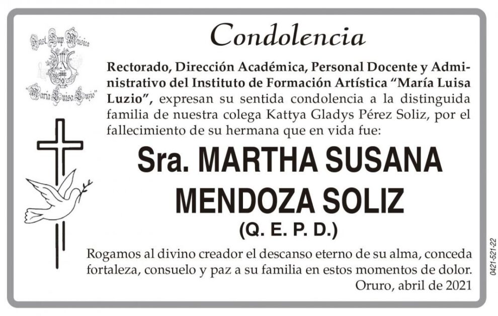 Condolencia por el fallecimiento de Martha Susana Mendoza Soliz