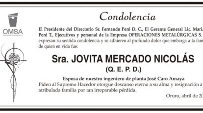 Condolencia por la Sra. Jovita Mercado Nicolás