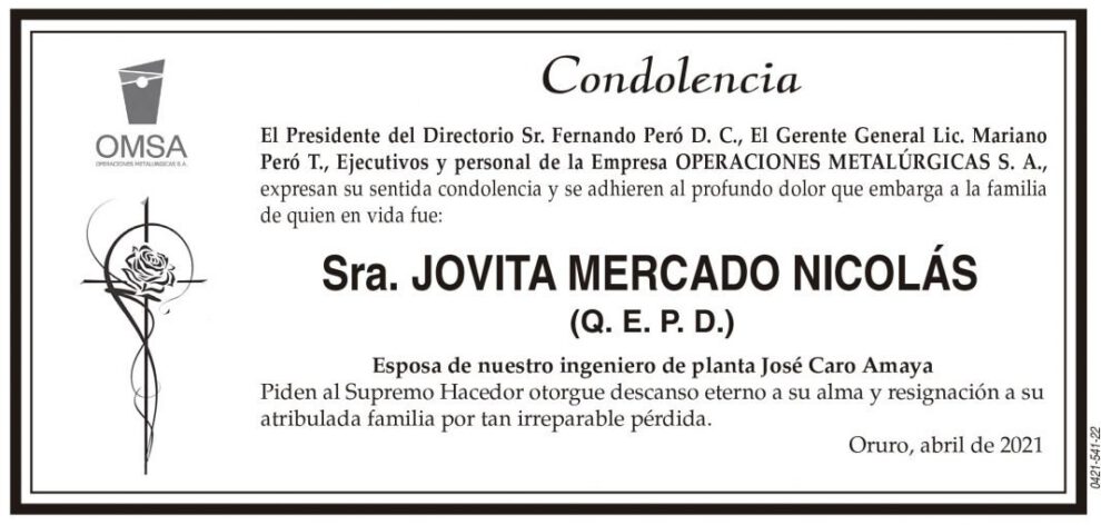 Condolencia por la Sra. Jovita Mercado Nicolás