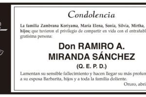 Condolencia por el fallecimiento de Don Ramiro A. Miranda Sánchez