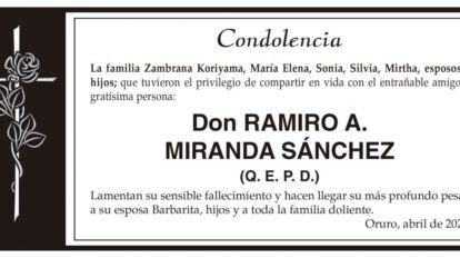 Condolencia por el fallecimiento de Don Ramiro A. Miranda Sánchez