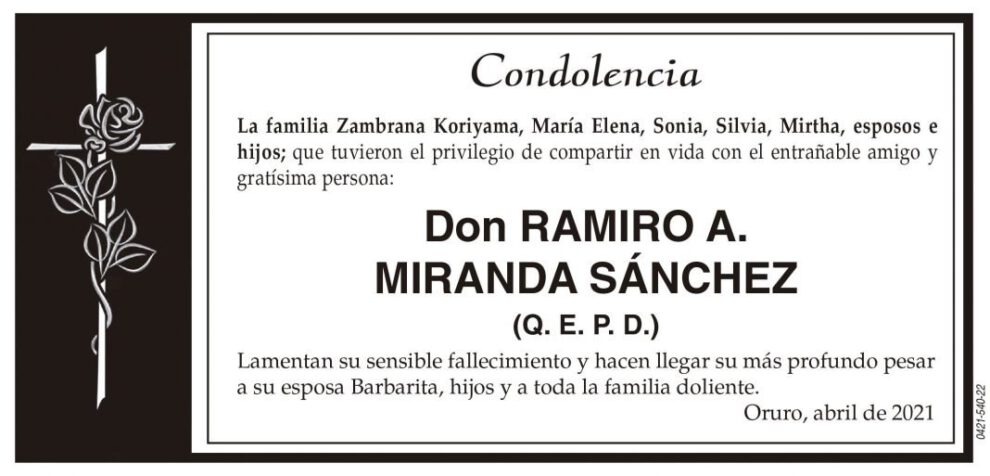 Condolencia por el fallecimiento de Don Ramiro A. Miranda Sánchez
