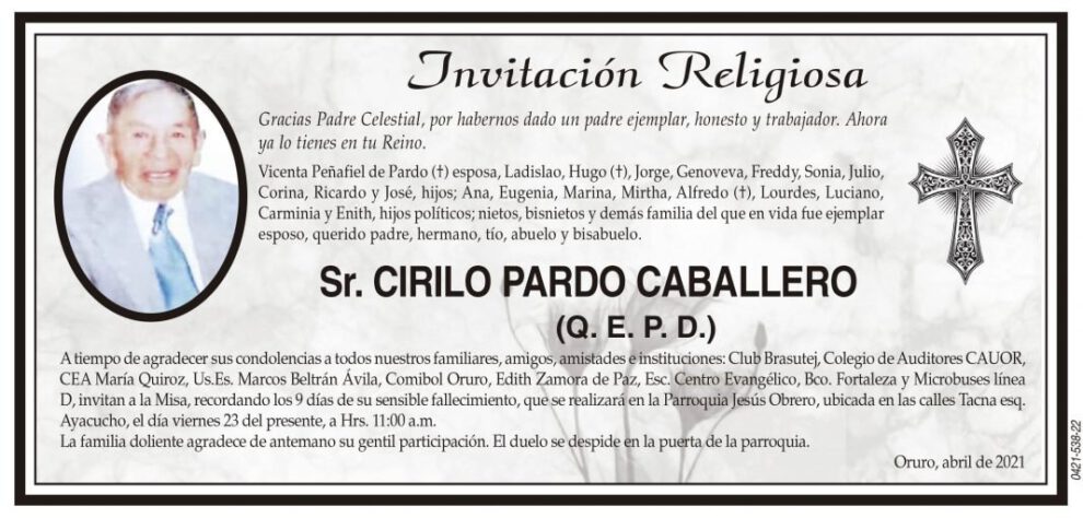 Obituario de Cirilo Pardo Caballero