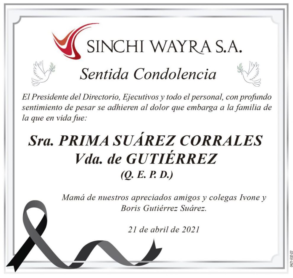 Condolencia Sra. Prima Suárez