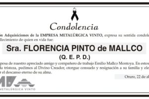 Condolencia por el fallecimiento de Florencia Pinto de Mallco