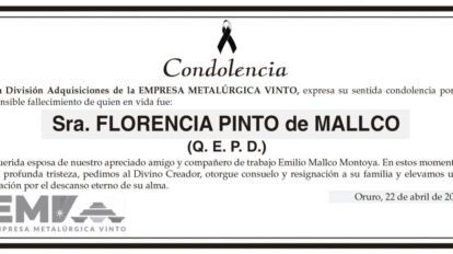 Condolencia por el fallecimiento de Florencia Pinto de Mallco