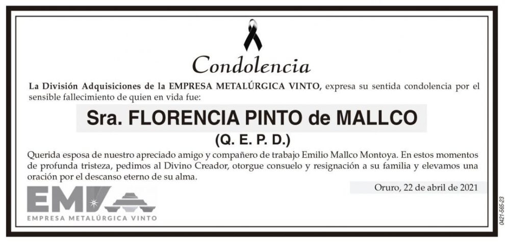 Condolencia por el fallecimiento de Florencia Pinto de Mallco