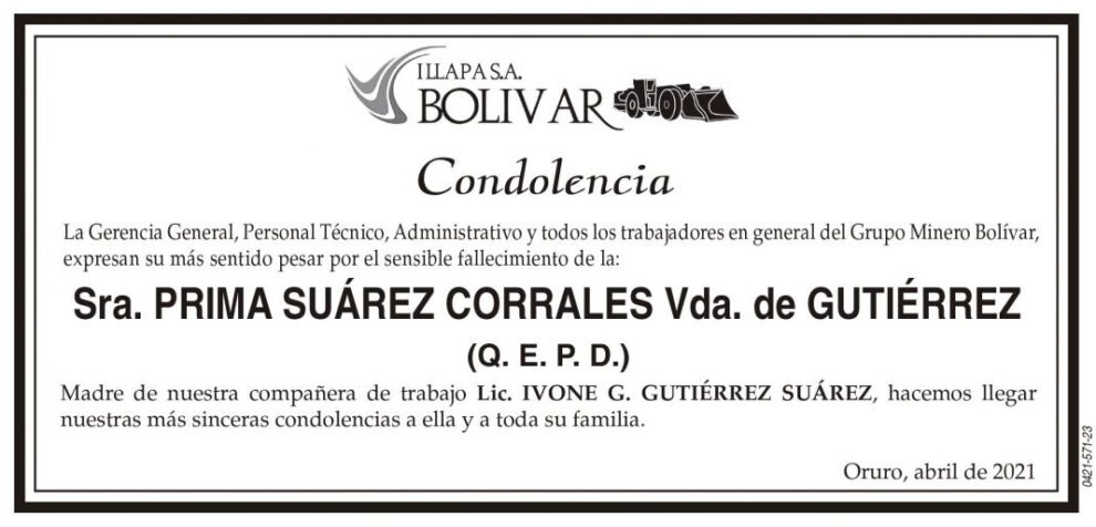 Condolencia Sra. Prima Suárez Corrales