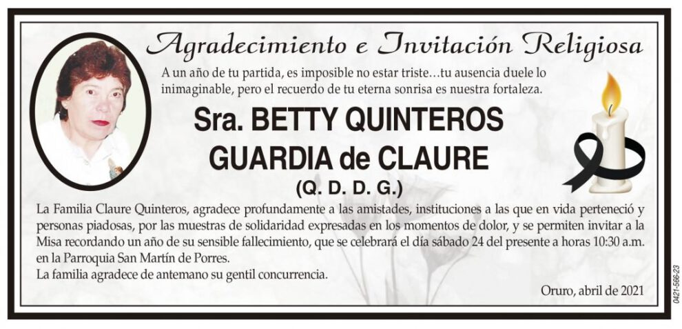 Agradecimiento e Invitación Religiosa por Betty Quinteros Guardia