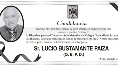 Condolencia por el fallecimiento de Lucio Bustamante Paiza