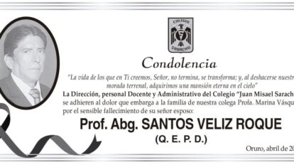 Condolencia por el fallecimiento de Santos Veliz Roque