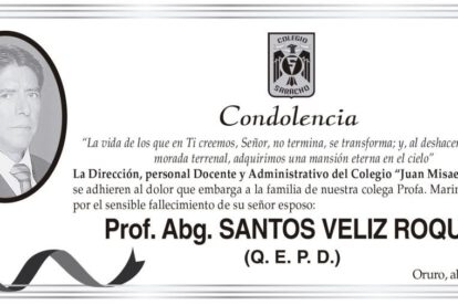 Condolencia por el fallecimiento de Santos Veliz Roque