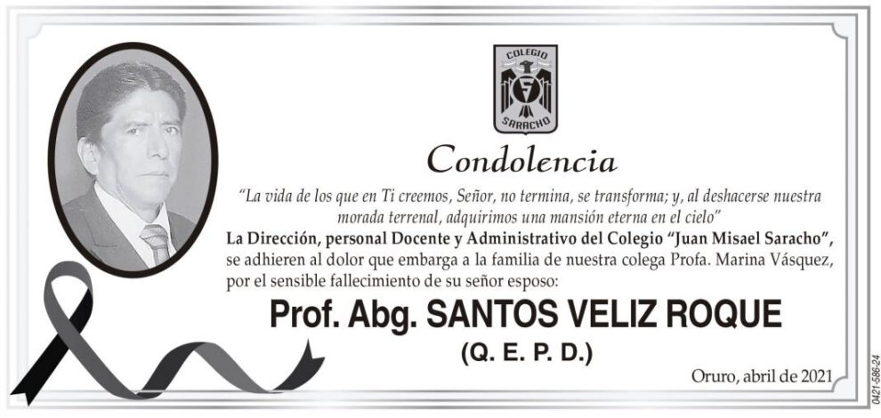 Condolencia por el fallecimiento de Santos Veliz Roque