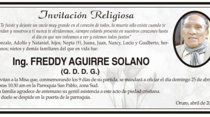 Invitación Religiosa para Ing. Freddy Aguirre Solano