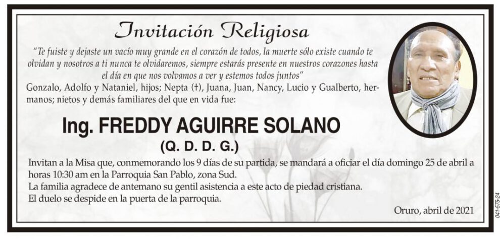 Invitación Religiosa para Ing. Freddy Aguirre Solano