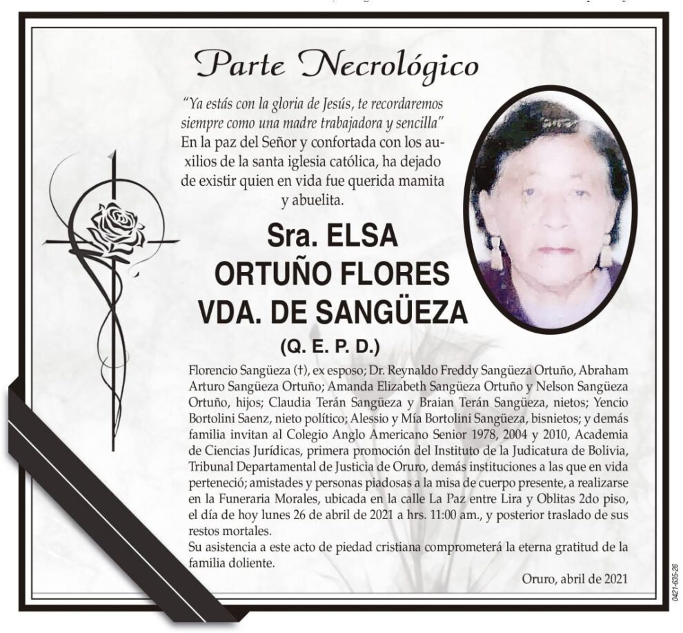 Parte Necrológico de Elsa Ortuño Flores