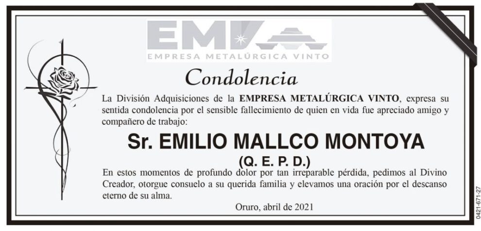 Condolencia por el fallecimiento de Emilio Mallco Montoya