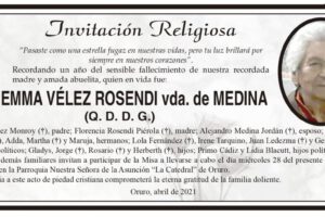 Invitación Religiosa en memoria de Emma Vélez Rosendi