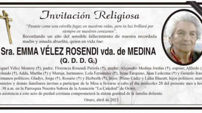Invitación Religiosa en memoria de Emma Vélez Rosendi