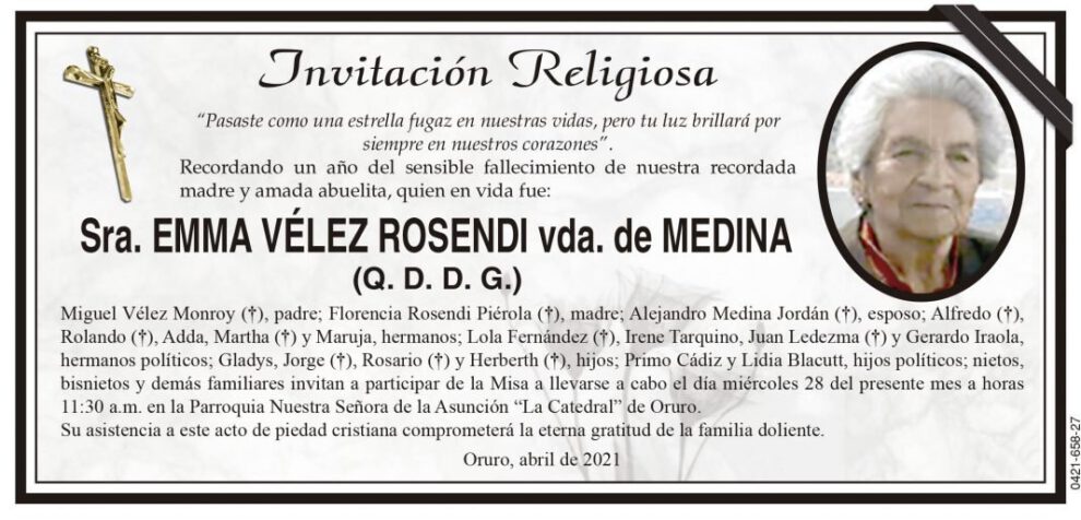 Invitación Religiosa en memoria de Emma Vélez Rosendi