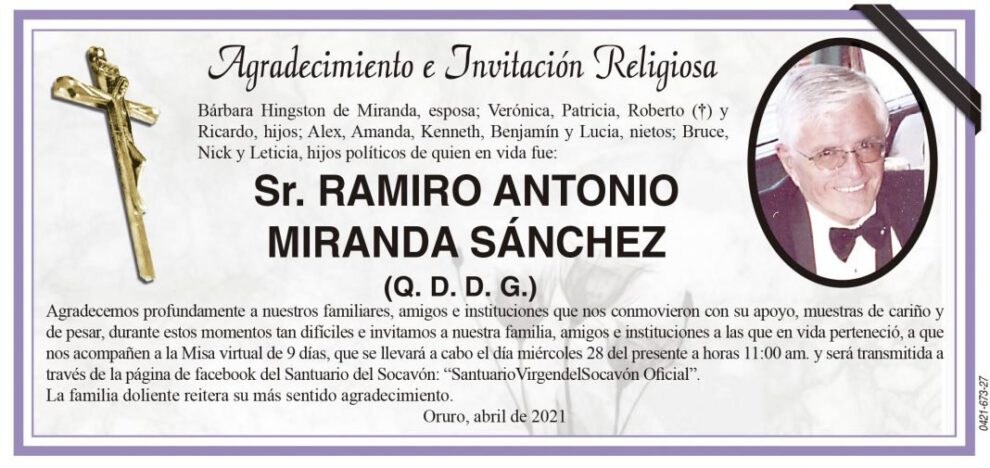 Agradecimiento e Invitación Religiosa por Ramiro Antonio Miranda Sánchez