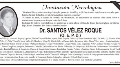 Invitación necrológica para Dr. Santos Vélez Roque