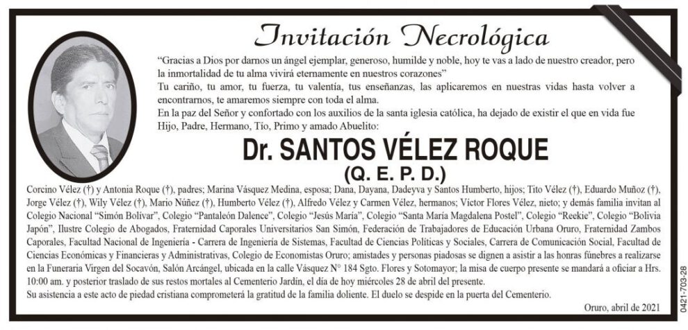 Invitación necrológica para Dr. Santos Vélez Roque