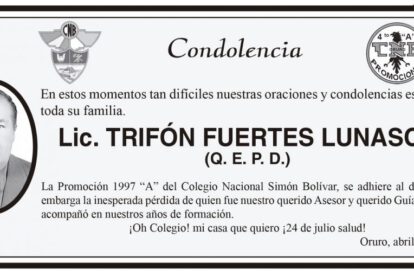 Condolencia por la pérdida de Lic. Trifón Fuertes Lunasco