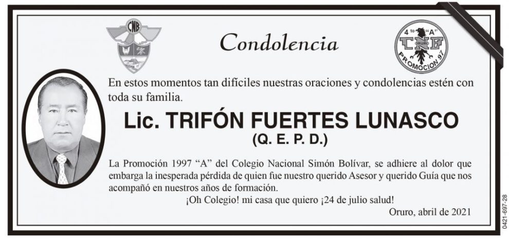 Condolencia por la pérdida de Lic. Trifón Fuertes Lunasco