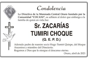 Condolencia por el fallecimiento de Zacarías Tumiri Choque