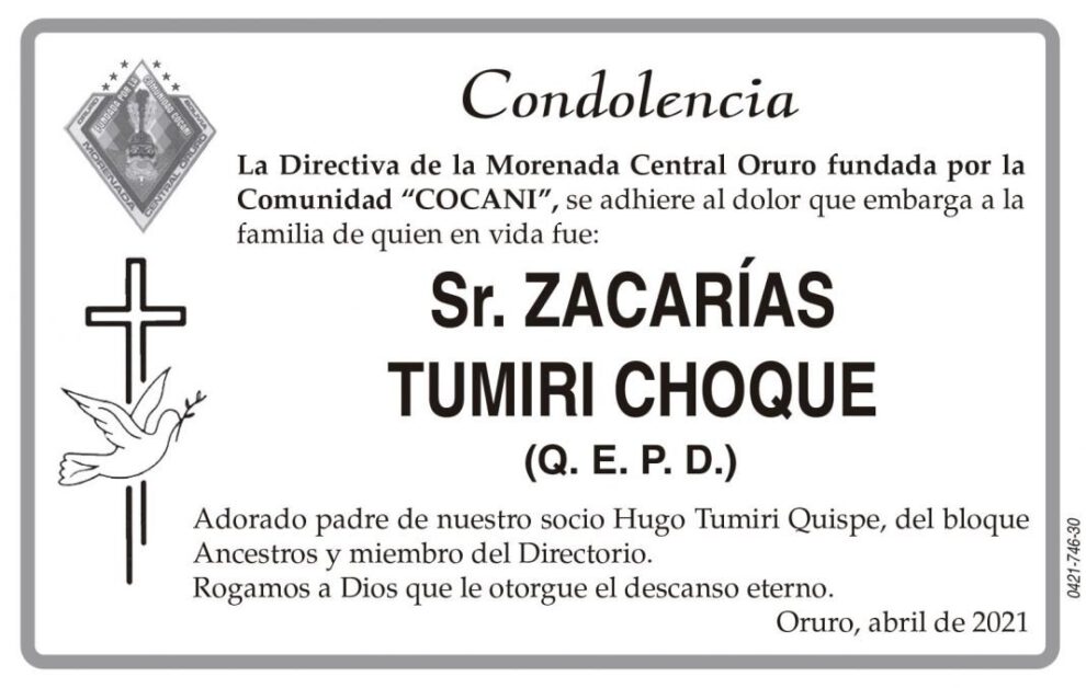 Condolencia por el fallecimiento de Zacarías Tumiri Choque