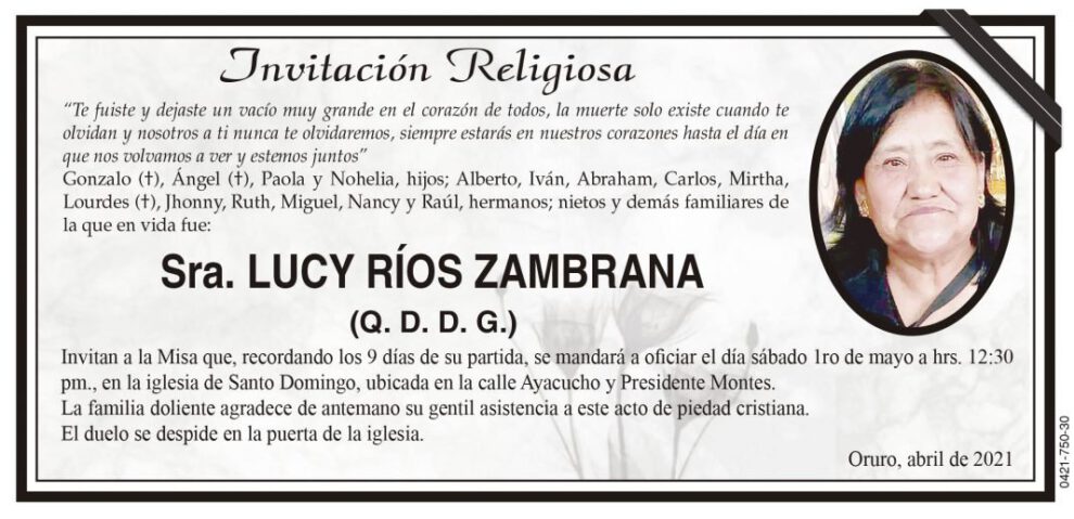 Invitación Religiosa para Sra. Lucy Ríos Zambrana