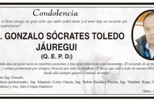 Condolencia por la muerte de Ing. Gonzalo Sócrates Toledo Jáuregui