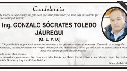 Condolencia por la muerte de Ing. Gonzalo Sócrates Toledo Jáuregui